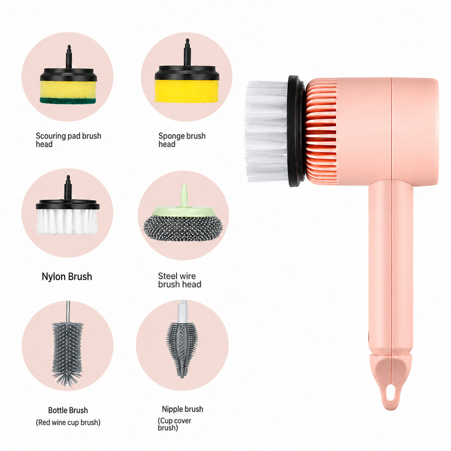 Pink electric cleaning brush with all six interchangeable heads